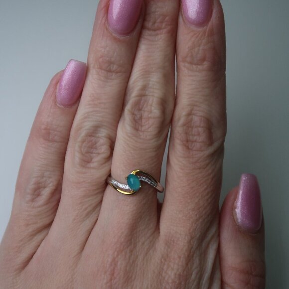 Blue Green Opal Ring in Sterling Silver & Gold Setting - Picture 4 of 4